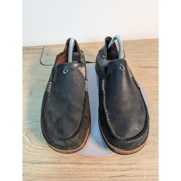 OluKai Moloa Black Leather Casual Slip On Shoes Men\'s Size 10 M 10128-4033